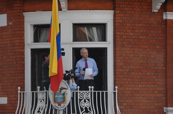 Assange speaking at the embassy in August